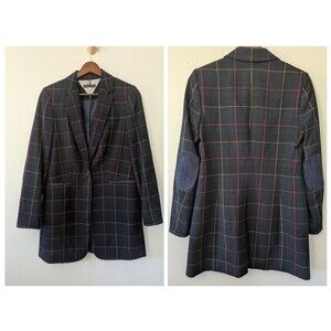 Tommy Hilfiger Womens Plaid Blazer Jacket Sz 2 Long Preppy Academia Elbow Patch